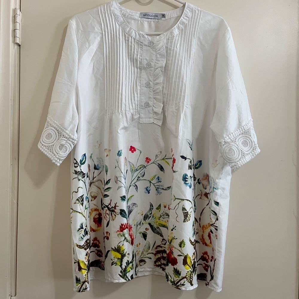 Pintuck White Floral Top 3XL Crochet Lace Sleeves Cottage Boho Romantic Feminine